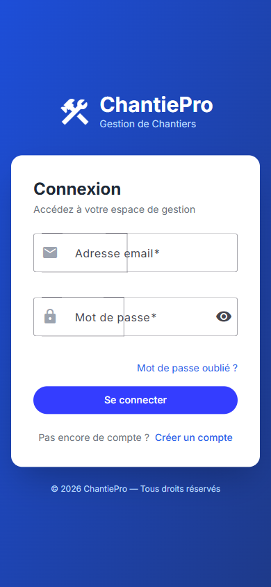 ChantiePro login screen — construction-site management sign-in