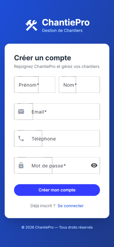 ChantiePro registration form